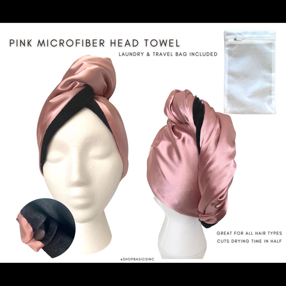 PINK Satin Microfiber Hair Towel - Laundry & Travel Bag Included